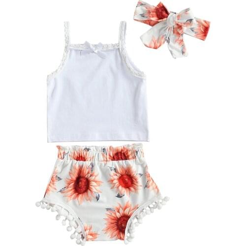Citgeett Summer Infant Baby Girls Outfits Solid Strap Bowknot Sleeveless Top + Sunflower Print Shorts + Headband Set
