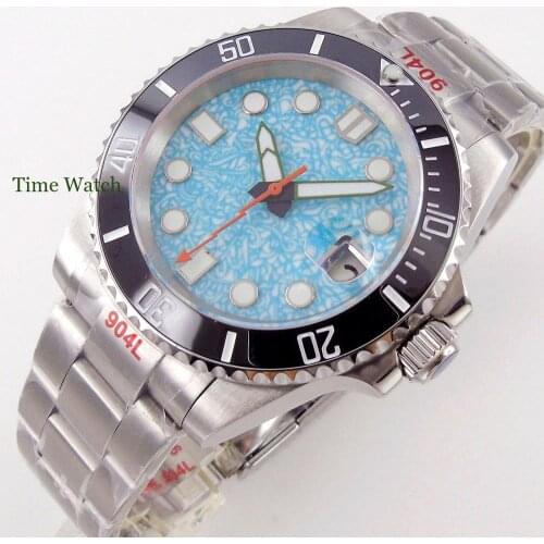 40mm Mens Automatic Watch Japan NH35 Movement Sapphire Cyan-Blue Dial 904L Oyster Bracelet Glide Lock Date Cyclops Green Lume