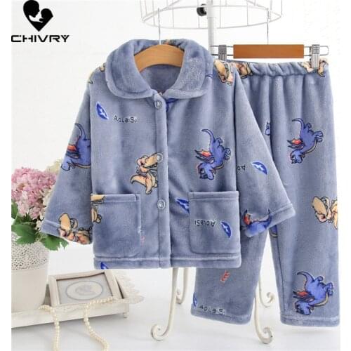 New 2021 Kids Flannel Pajama Sets Autumn Winter Boys Girls Warm Cartoon Long Sleeve Lapel Tops with Pants Sleeping Clothing Set