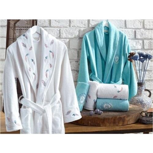 NEW SEASON, NEW COLLECTION Embroidered Cotton Blue and White Color Bathrobe Set