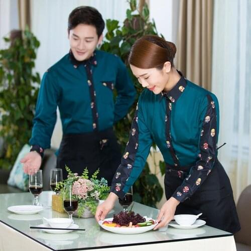 2018 Autumn/Winter Hotel Waiter Work Uniform Men and Women Long Sleeve Green Shirt With Apron Restaurant Fashion Work Wear