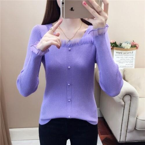 Autumn Womens New Pullover Knitted Sweater Slim Long-Sleeved Purple Tops 2021Spring Base Sweater Ladies Elasticity Warm Sweater
