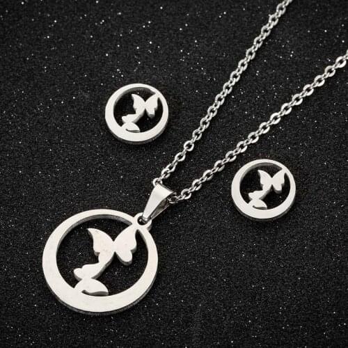 Stainless Steel Double Butterfly Necklace & Pendant Adorable Circle Animal Stud Earrings Korean Fashion Jewelry Set for Women