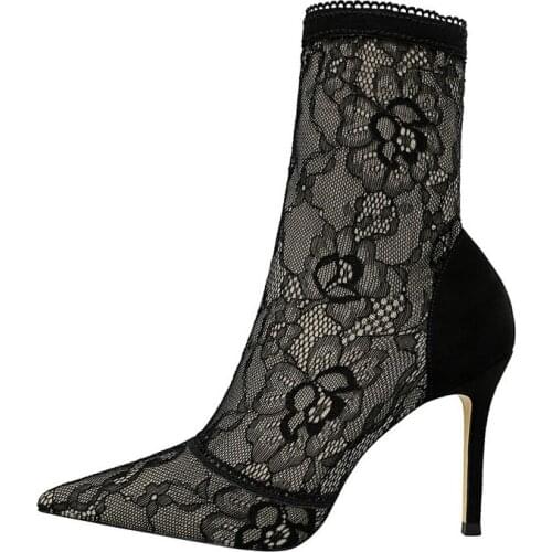 UMMEWALO Sexy Lace Boots Women Fashion Pointed Toe Thin Heels High Heel Shoes Winter Ankle Boots Ladies Shoes