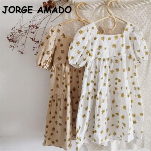 2021 Korean Style New Summer Teenagers Girls Dress White Brown Floral Long Puff Sleeves Square Collar Dresses for 1-8 Years E325