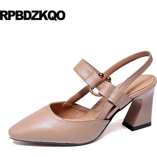 Block 8cm Genuine Leather Thick High Heels Slip On Pointed Toe Pumps Luxury Size 4 34 Chunky Slingback Brand Women Shoes 2021