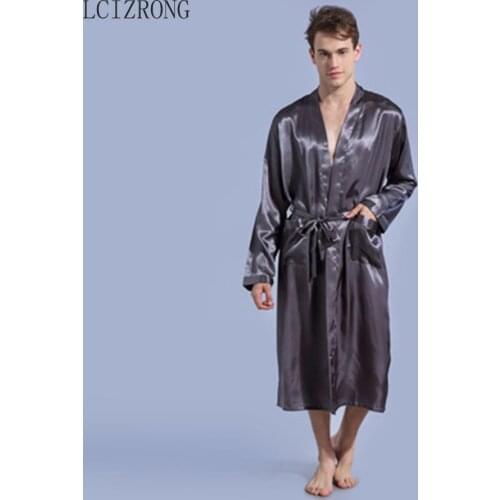 Spring Thin Men Midi Bathrobes Casual Loose Satin Long Sleeve Robe Plus Size Sleepwear Nightgown Solid Dressing Gown Male