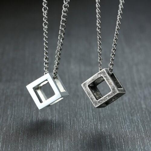 ZORCVENS Punk Vintage Mens Necklace Stainless Steel Square Hollow Cube Pendant Simple Geometric Necklace for Man Collar