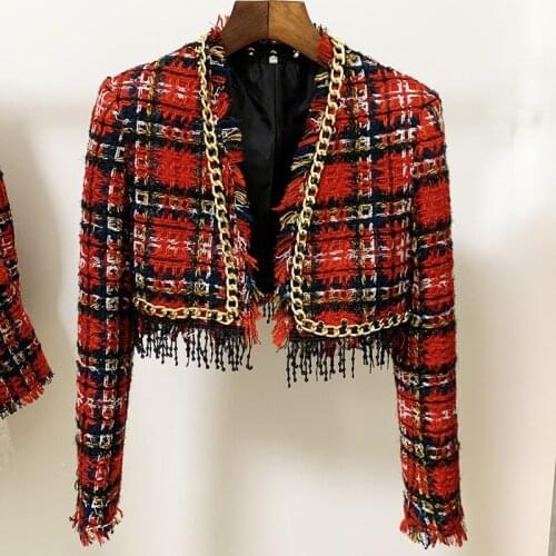 Highstreet 2021 New Women Tide Brand Fashion Metal Chain Tassel Sequins Fringed Plaid Tweed Short Jacket Coat Red Clothing