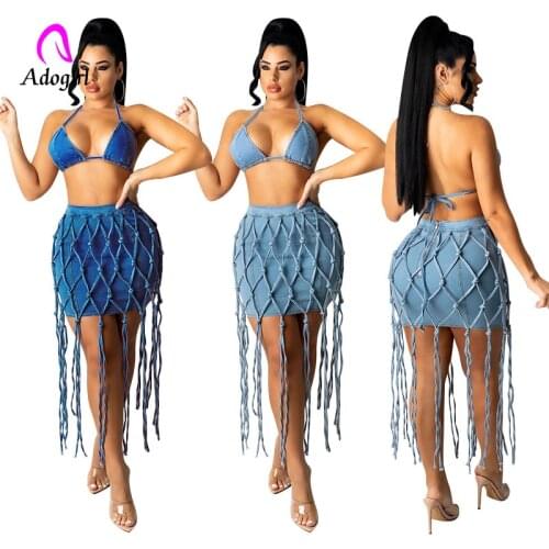 Denim Women 2 Piece Set Halter Deep V Neck Bra + Bandage Skirts Matching Set 2021 Summer Sexy Backless Night Club Party Outfits