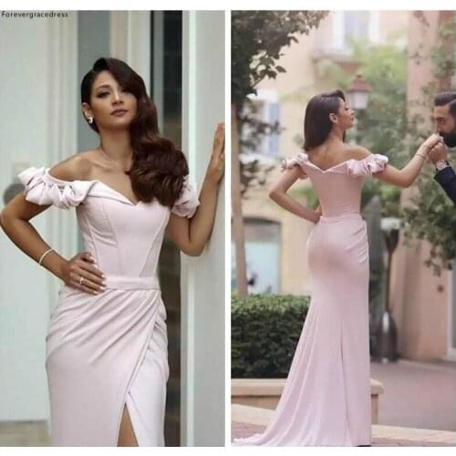2019 New Arrival Mermaid Long Side Split Evening Dress Pink Satin Short Sleeves Formal Holiday Wear Prom Party Gown Custom Made