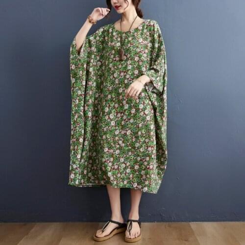 Plus Size 5XL 6XL 7XL Loose Summer Dress Print Floral Cotton Linen Vintage Dress Women Holiday Travel Casual Long Maxi Dress