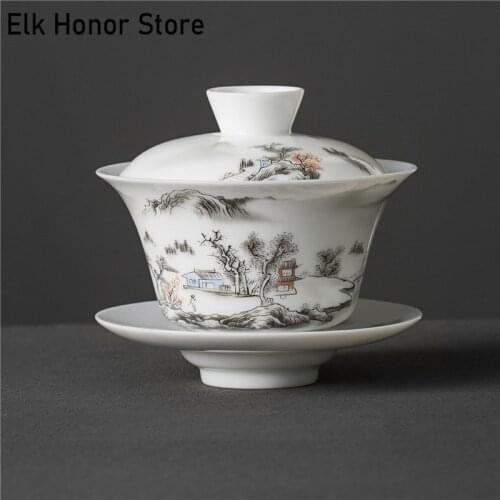 110ml Ceramic Tureen Porcelain Gaiwan Painted Landscape Cover Bowl Cup with Lid Cover Saucer Kit Kung Fu Tea Set Tea Bowl Teaset