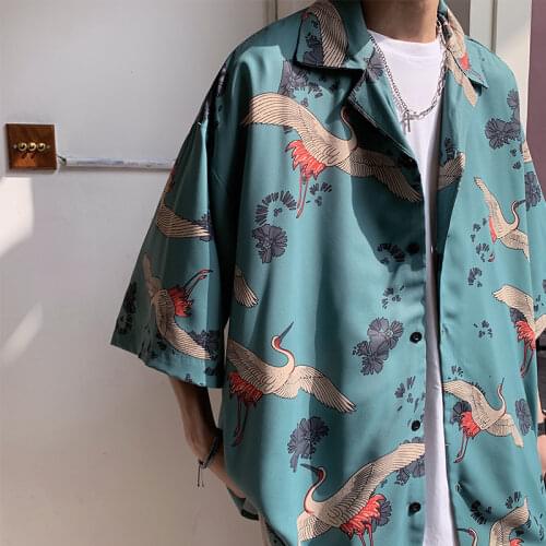2021 Japanese Streetwear Harajuku Shirts Men HipHop Oversized Grus Japonensis Printed Shirts Short Sleeve Casual Tops