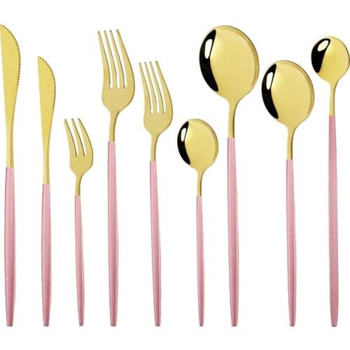 9Pcs Pink Gold Western Knife Fork Coffee Spoon Teaspoon Steel Dinnerware Cutlery Set Stainless Steel Home Dinner Tableware Set