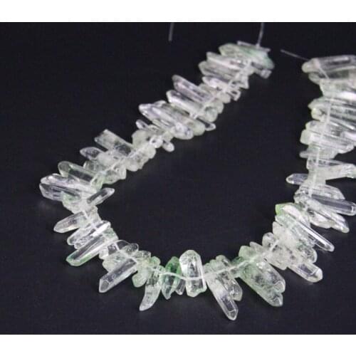 15.5"strand Polished Green Titanium Crystal Quartz Top Drilled Point Loose Beads,Raw Crystal Stick Pendant Beads Jewelry Making