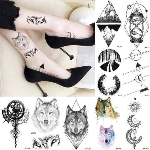 Tribal Wolf Black Temporary Tattoo Men Geometric Stars Waterproof Tatoos Glacier Forest Body Art Drawing Fake Tattoo Stickers 3D