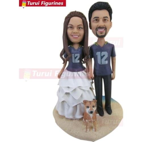 Football Fans With Pet Personalized Wedding Cake Topper Bobble Head Clay Figurine Based on Customers' Photos Football Wedding