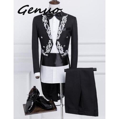Genuo New Male Gold Silver Embroidery Lapel Tail Coat Stage Singer Groom Black White Wedding Tuxedos For Men Costume Homme