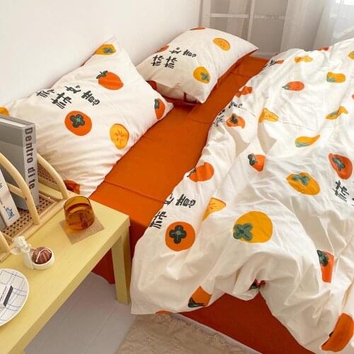 Cotton bedding set double bed persimmon pattern girls room decorative duvet sheet set fitted sheet