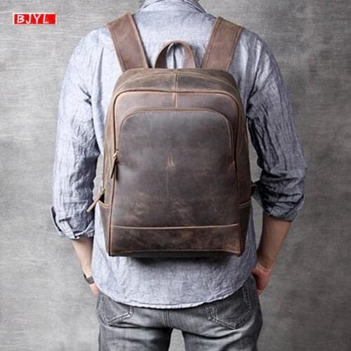Retro first layer leather mens backpack shoulder bag male crazy horse leather original handmade computer bags travel backpacks