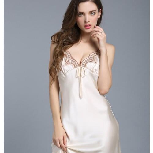 Pure Silk Nightgowns White Pink Summer V-neck Sexy Wine Red Sleepwear Women Natrual Fabric High Quality Clothing Free Shipping