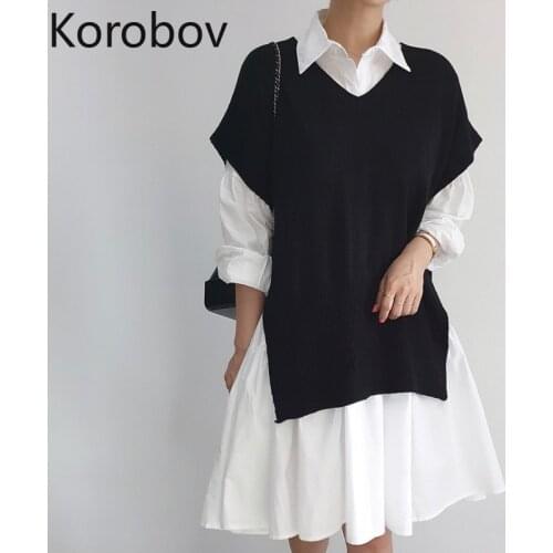 Korobov 2020 New Chic Autumn Women 2 Pieces Sets Korean Dress and O Neck Sleeveless Knit Vest Female Suits