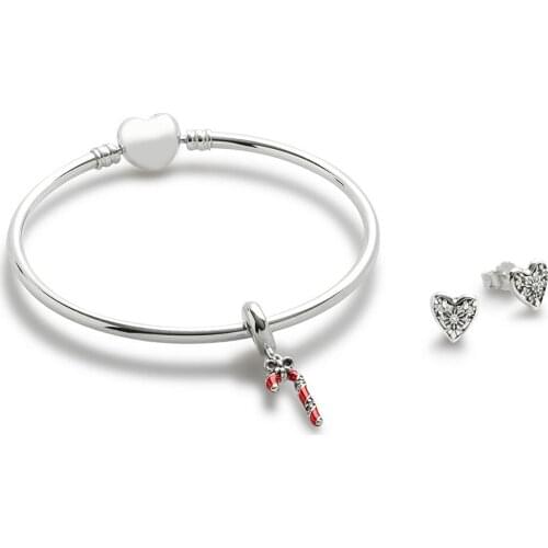 NEW 100% 925 Sterling Silver Sweet SPARKLING CANDY CANE HANGING CHARM Hearts of Winter Earring Studs Heart Bracelet Set CS1701