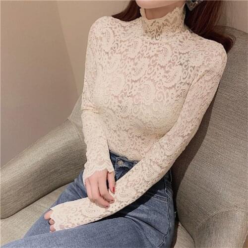 Autumn T-shirt for Women Black Lace Hollow Sexy Turtleneck Long Sleeve T shirt Slim Ladies Basic Tee Female Elegant Tops