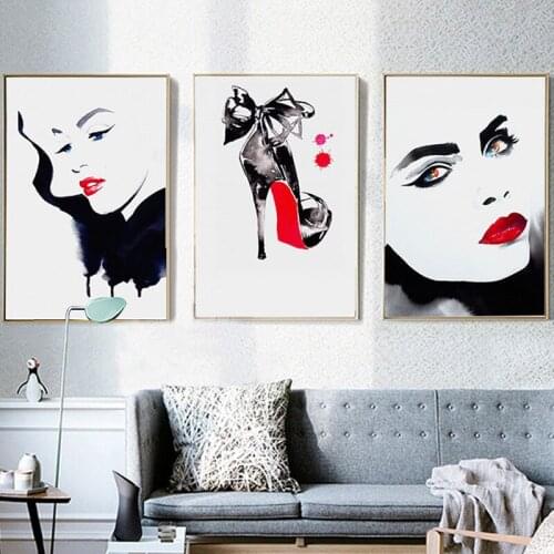 Nordic Black And White Watercolor Print Canvas Painting Red Lips Beauty High Heels Fashion Poster Wall Art Bedroom Home Decor