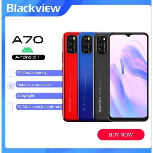 Orignal Blackview A70 Android 11 Smartphone 6.517 Inch Display Octa Core 3GB+32GB 5380mAh 13MP Camera Face ID 4G Mobile Phone