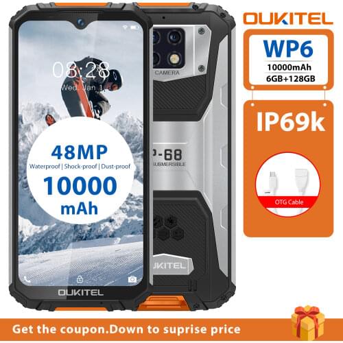 OUKITEL WP6 IP68 IP69K Waterproof Smartphone Android 9.0 10000mAh 6GB 128GB 6.3inch Octa Core Triple Camera 48MP 4G Mobile Phone