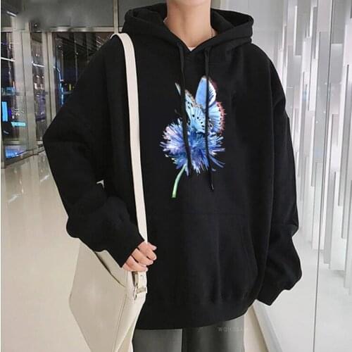 Men Hip Hop Sweatshirts Hoodie Kawaii Blue Graffiti Butterfly Streetwear Harajuku Pullover Casual Oversized Winter Black Hoodies