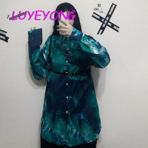 Harajuku Street Korean Fashion Shirts Lady Single Breasted Polo Neck Long Sleeve Loose Top Blue Yellow Girl Tie Dye Shirt Autumn