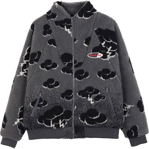 Hip Hop Vintage Lamb Velvet Parkas Men Winter Harajuku Print Padded Jacket Cotton Furry Warm Coat Couple Oversized Outwear