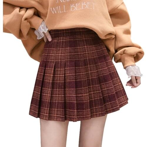 Women A-line mini High Waist Plaid Pleated Skirts Lady School Dress Fall / Winter School Dress High Quality Wool Skirts For Girl