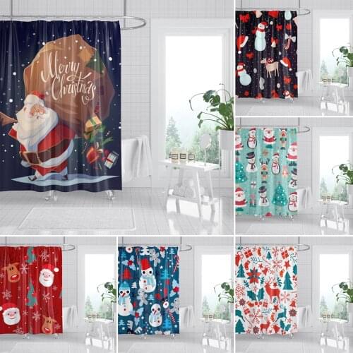Christmas Printed Bathroom Shower Curtain Snowman Santa Claus Elk Polyester Fabric Bath Curtains Home Decoration With Hooks