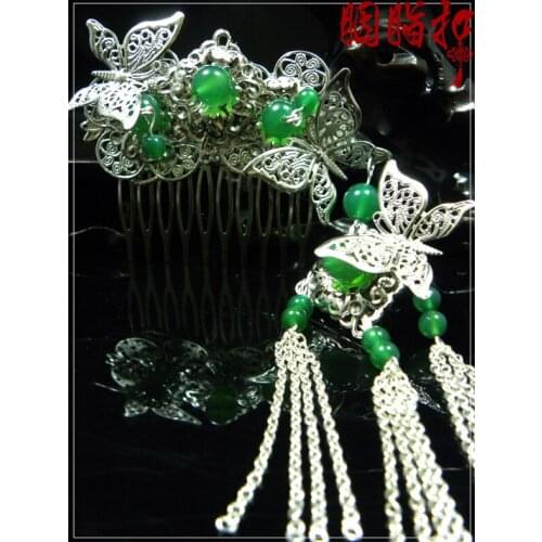 Green agate classical insert hair comb with tassel diy handmade hair stick tassel cos accessories costume hair accessory