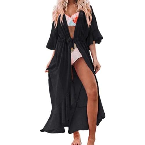 Women Cover Up Solid Color Fashion Half Sleeve See-Through Ruffle Swimmwear Bikini Coat Beach Wear Beach Cardigan Summer