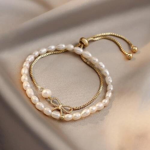2Pcs/Set Women Bowknot Bracelets Faux Pearl Adjustable Elegant Jewelry Accessory Bow Double Layer Chain Bangles Bracelet