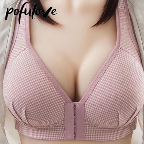 Women Push Up Bra Front Closure Sexy Plus Size Underwear Plaid Wireless Seamless Bras Thin Bralette Wide Strap Brassieres Cotton