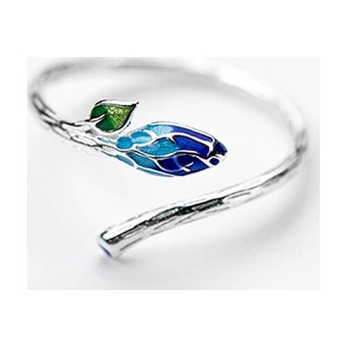MloveAcc Vintage Blue Leaf Adjustable Opening Ring Real 925 Sterling Silver Fashion Jewelry for Women Party Ethnic Artsy Gift