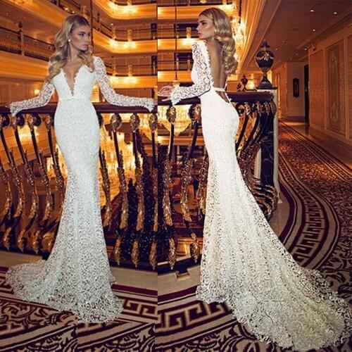 Sexy Deep V Neck Long Sleeve Mermaid Formal Vintage Lace Backless Bridal gown 2018 vestido casamento mother of the bride dresses