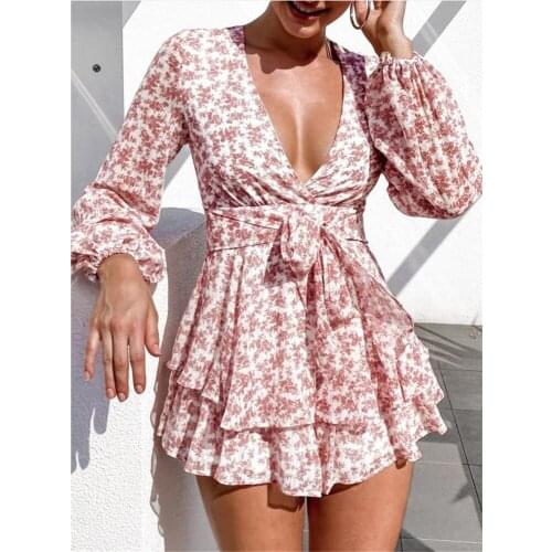 Women Fashion Casual Spring Summer Bohemian Bishop Sleeve V-Neck Floral Print High Waistband Ruffled Elegant A Line Mini Dress