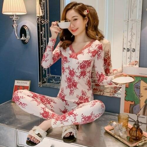 2020 Autumn Winter Print Long Sleeve Sexy Lace V-neck Thermal Body Shaper Underwear Set for Women Warm Pajama Sleepwear Bodysuit