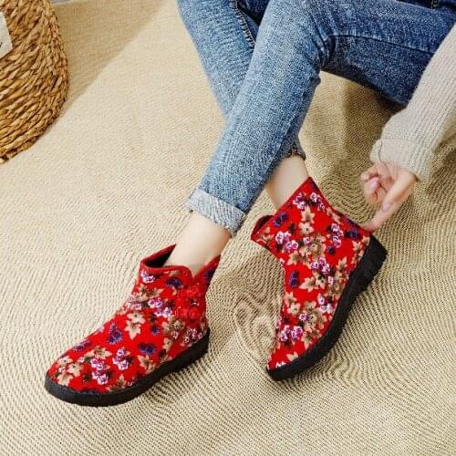 Red National Womens Winter Boots Cotton Soft Bottom Ladies Flat Boots Non-slip Flat Bottom Breathable Women Snow Boots