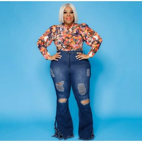 Large size high street new simple fashion casual hollow hole washed water fringed edge large size jeans flared pants