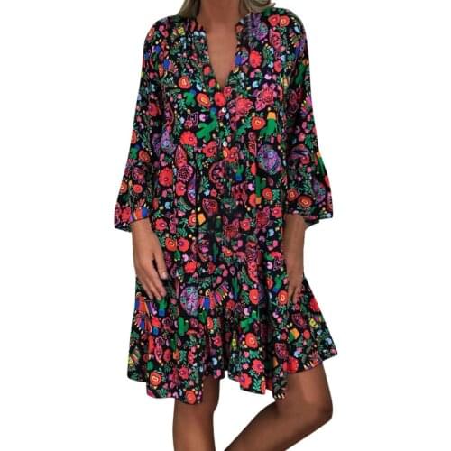 Harajuku Vestidos Womens Ladies Plus Size Loose Print Long Sleeve V-collar Button Mini Dresses Femme Robe Bohemian Sukienka