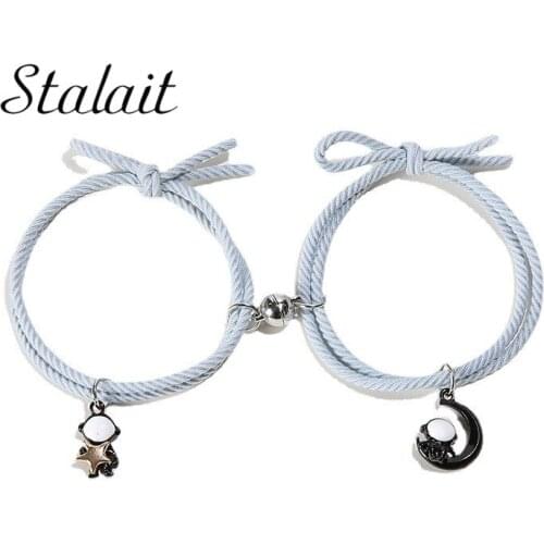 Black Moon Spaceman Magnetic Couple Bracelets Pink Astronaut Charm Pendant Star Bracelet His And Hers Adjustable Rope Jewelry