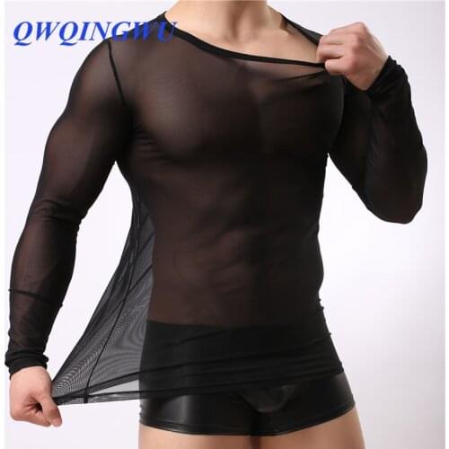 Man Undershirts Gay Nylon Mesh See Through Sheer Long Sleeves T Shirts Male Sexy Compression Navy Shirts Underwear Undershirt